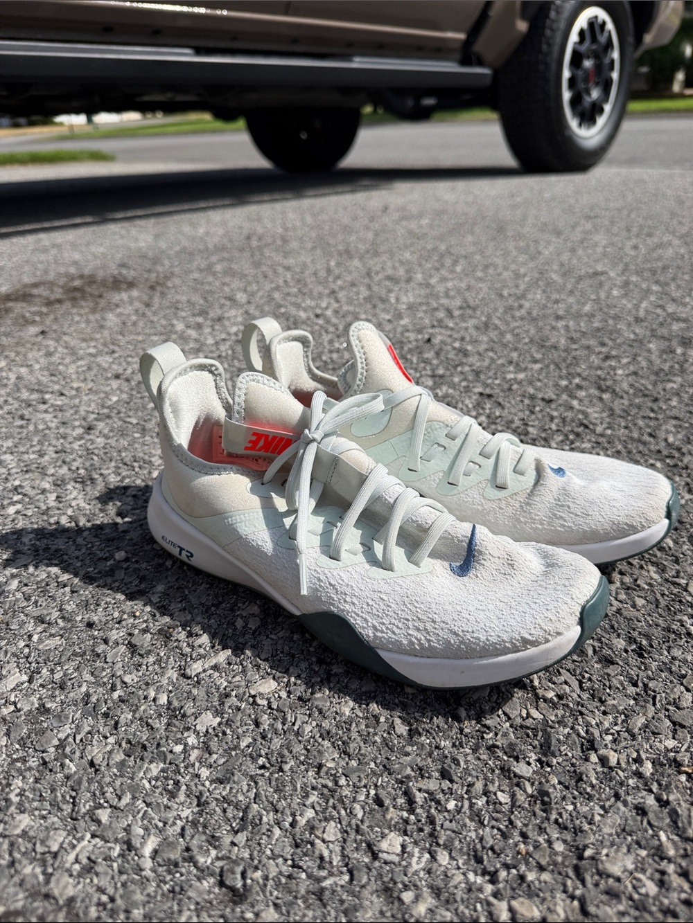 Nike Trainer Sneakers in White, Light Blue with Coral Accent